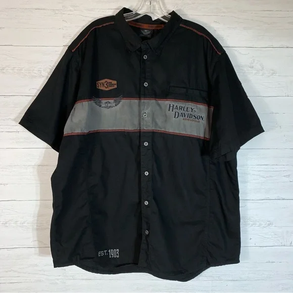 Harley-Davidson Iron Block Shirt Men's 3XL Black Button Up Garage Mechanic Wings - Picture 2 of 11
